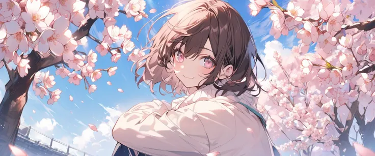  handsome, alone,  female 1 person, medium hair, Dark brown hair, with pink highlights on the tip,  light pink eyes，blue sky，cherry blossoms，smile， White Trainers， Long Sleeve