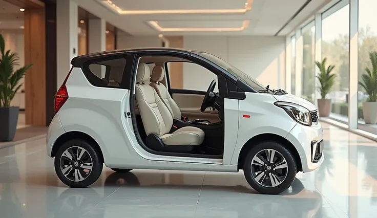 Give me a realistic amazing image of interior side white colour Tata nano in showroom