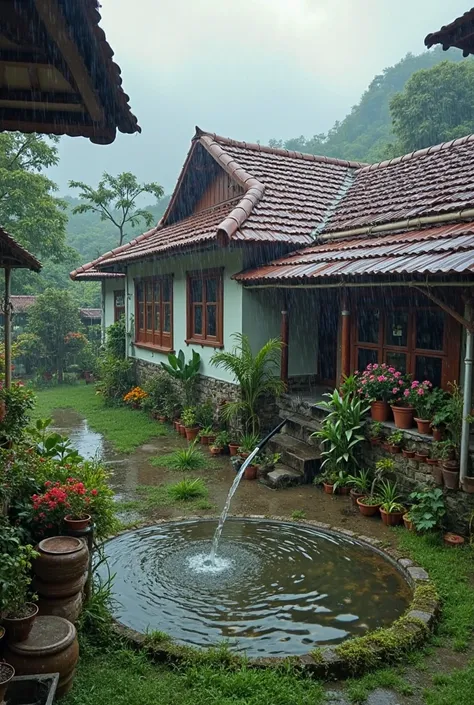 Photo of rural Jawabarat indonesia,  village ,roof tile,white brown color house paint,it's raining heavily,there is a fish pond with a stream of water from a pipe,green grass ,a lot of flower pots,4k image ,iPhone camera