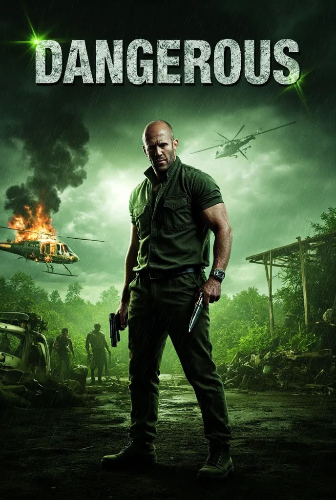 Create a gritty, high-stakes poster featuring Jason Statham as a hardened ex-special forces operative, standing in the rain-soaked ruins of a remote island compound. His tactical gear is battered, a knife in one hand and a handgun in the other, his express...