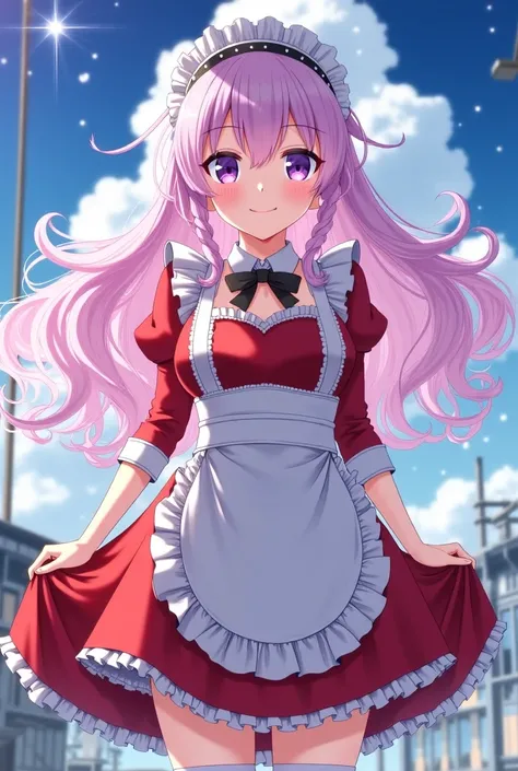 Masterpiece、Highest quality、Super detailed、1 girl、Light pink hair、Fluffy and soft long hair、Starry Skyのような瞳、Big Tits、Cleavage、Too big breasts、Maid clothes、Cafe、Wide open chest、Belly button、Starry Sky、smilePrompt:girl,(outward curled hair),standing,(highlig...