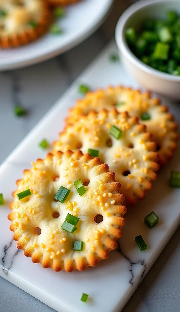 Hgraphic elements, Dynamic Light, Cinematics, HDR, UHD, professional PHOTOGRAPH OF:

Elegant Appetizer Arrangement: Create a chic table setting featuring Cheesy Scallion Crackers displayed elegantly on a marble slab. Incorporate a variety of dips in sophis...