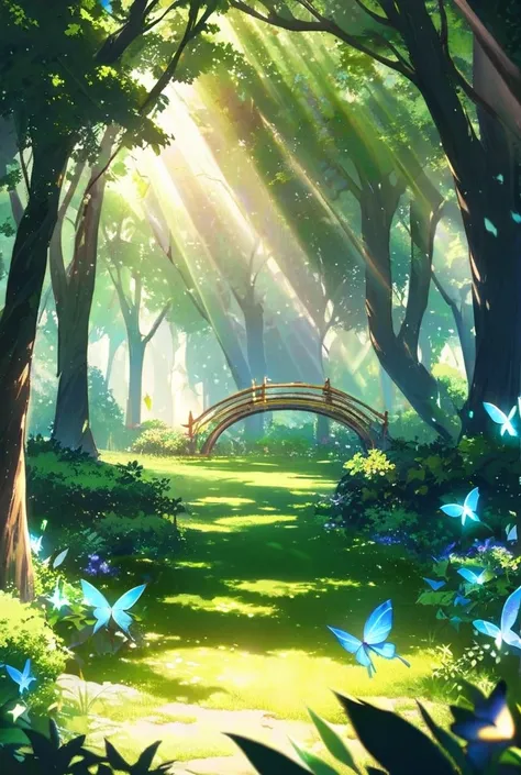 Anime Background of garden forest sparkle with many little little Butterfly. Sunlight is beautiful passes through trees leaf 
