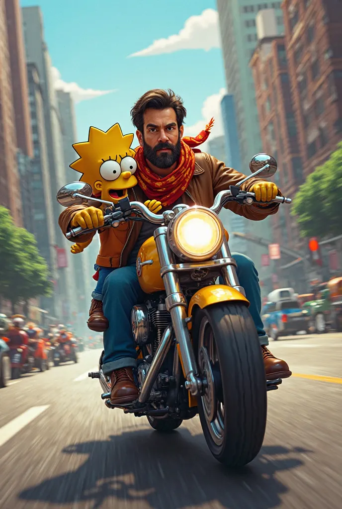 Man with a Roma scarf and Milhause from The Simpsons on a motorcycle 