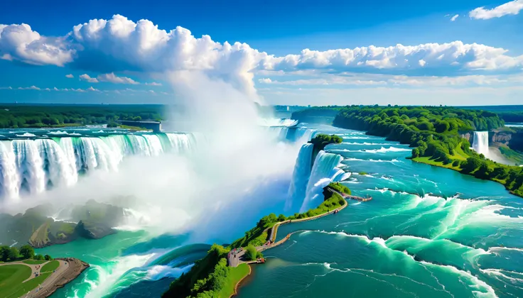 (Best Quality),(masterpiece:1.2),(very well detailed:1.2), super high definition ,RAW color photos,8k, Expansive Landscape Photos ,Spectacular landscapes,realistic pictures,Detailed photos,written,sharp concentration, in the cloud,(Niagara Falls is two-...