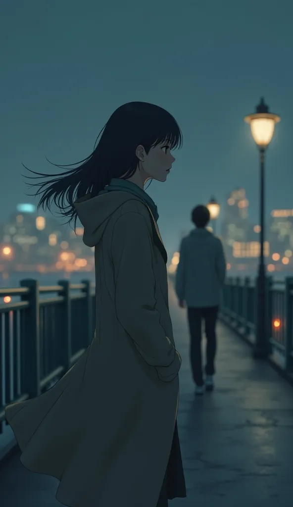 A melancholic anime-style illustration of a 25-year-old woman standing on a quiet bridge at night, gazing at the city lights in the distance. She wears a long coat, her hair swaying gently in the wind. Her hands are tucked into her pockets, and her lips ar...