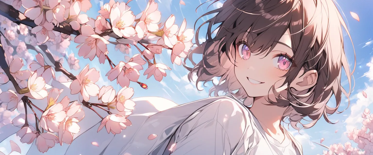  handsome, alone,  female 1 person, medium hair, Dark brown hair, with pink highlights on the tip,  light pink eyes，blue sky，cherry blossoms，smile，white t-shirt， Long Sleeve