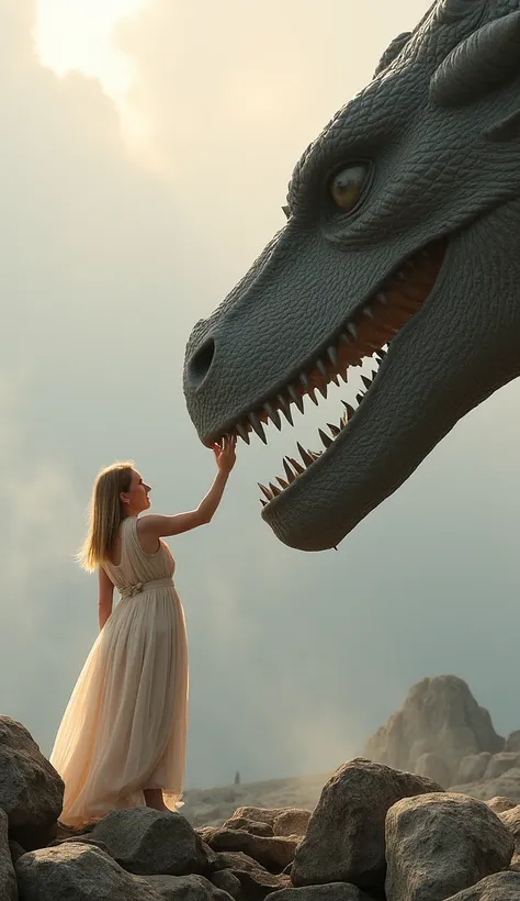 Generate a photorealistic image of a young woman with long, flowing blonde hair, wearing a long, flowing pale dress, standing barefoot on a rocky landscape, reaching up to touch the snout of a massive, gray stone dragon. The dragon’s scale texture is rough...