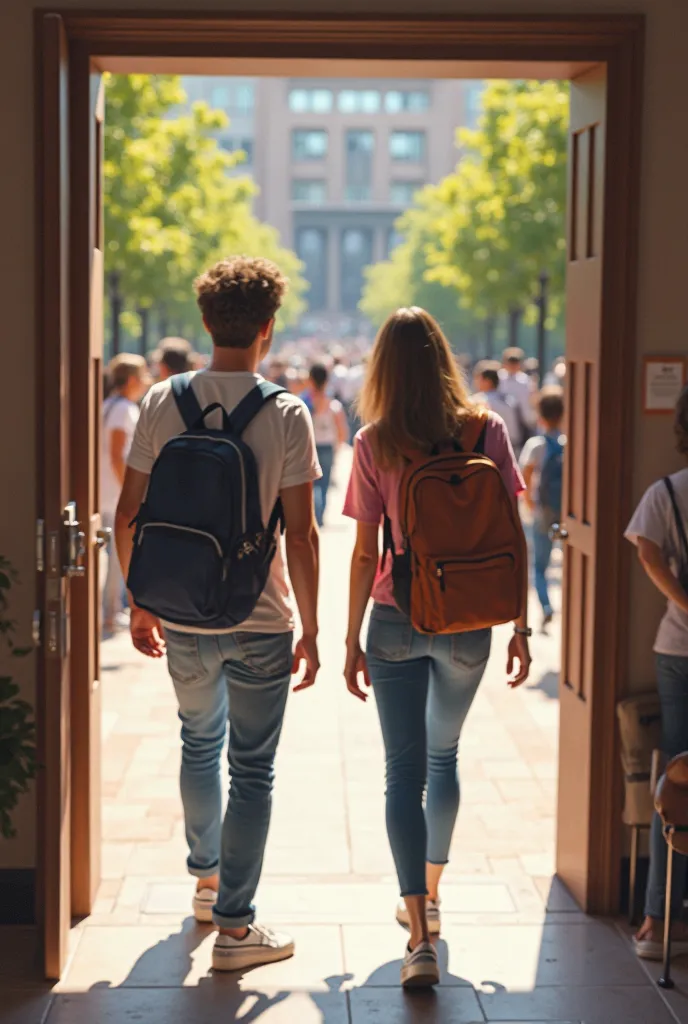 A couple of university students exiting the class room