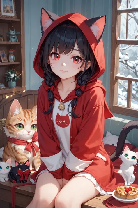 reddish black hair、Cat ears、is sitting、red hooded clothes、 eye color is red、cute、The cat's guardian spirit is behind、cool、masterpiece、Best Quality、uncorrected、no background