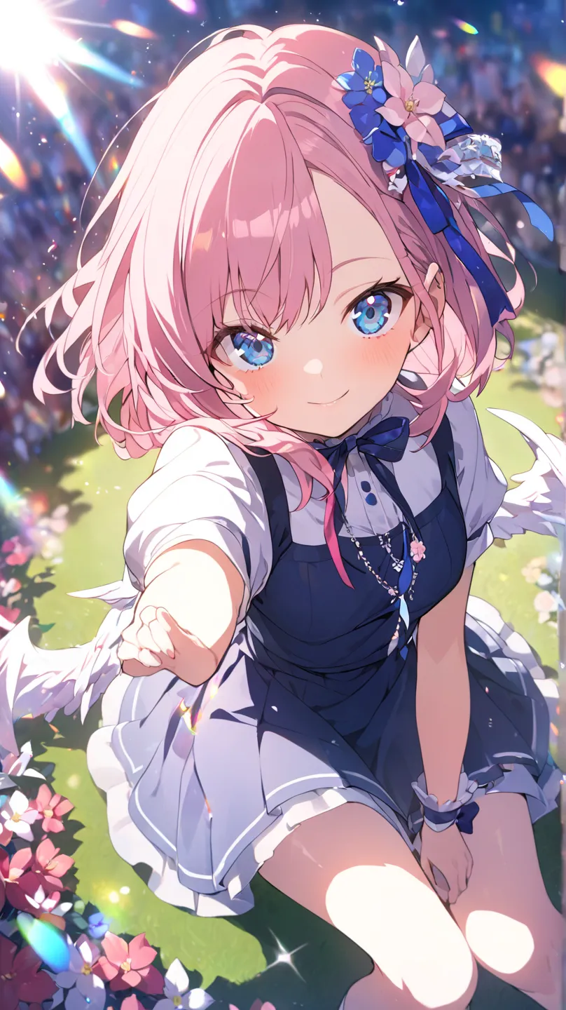 1 girl, flowerびらが舞う、Park lawn、flower、Blue Eyes, pink hair、sit、 flared skirt seen from below、Accessory, from above、Wide angleショット, Wide angle, Dutch Angle, glitter effect, blurred background, lens flare, 