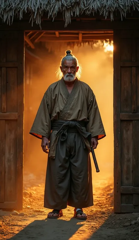 "A cinematic full-body portrait of a physically imposing, silver-haired elder Japanese bandit leader standing with unwavering confidence in the open entrance of a thatched-roof wooden hut in a Muromachi-era village at sunset. His broad frame fills the door...