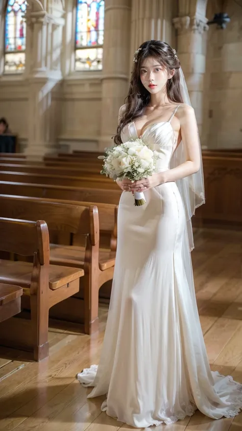 A beautiful young Japanese woman, 26 years old, with healthy thighs, beautiful legs, flawless skin, random hair color and style, large breasts, wearing a (wedding dress:1.3), (she is standing:1.2), full body shot, high heels, holding a bouquet in her hands...