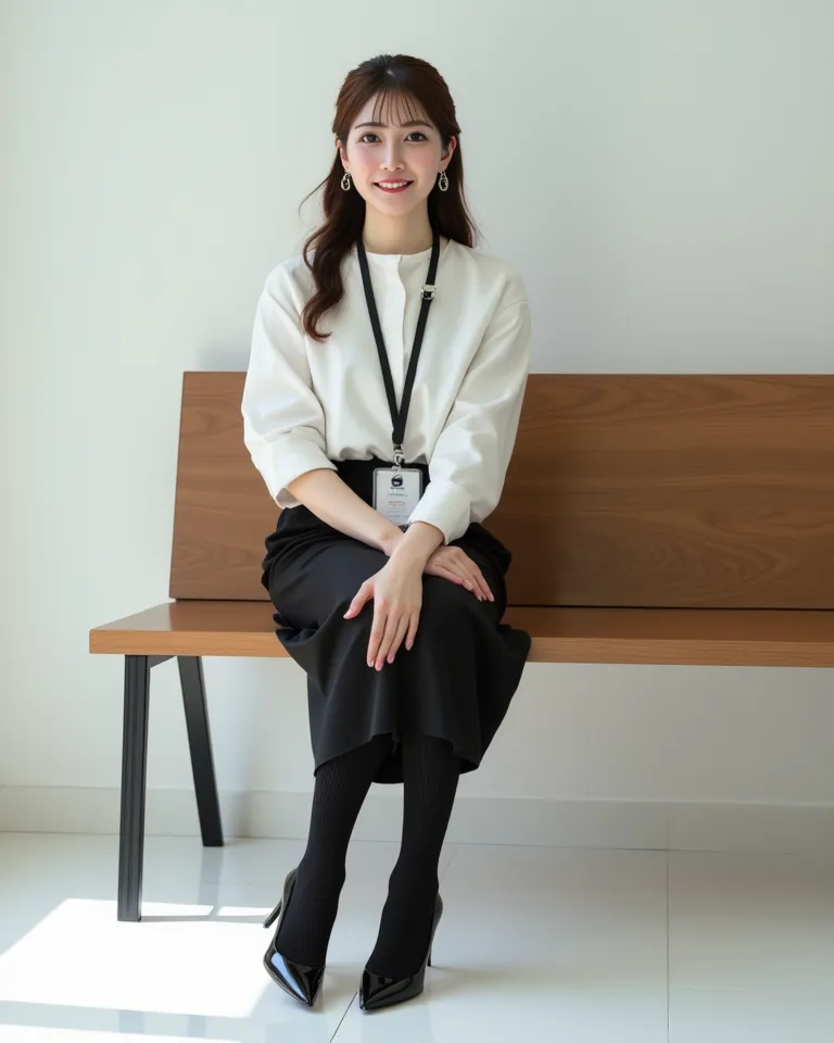 (    photorealism   :1.2)、 full body portrait 、Smelling black high  socks 。  beautiful日本人モデル、39;  thick legs、  woman  、39;   Office worker uniform    、   I'm hanging a security card from my neck　Black High Heels   、smile、Bench on the White Floor 、  Open yo...