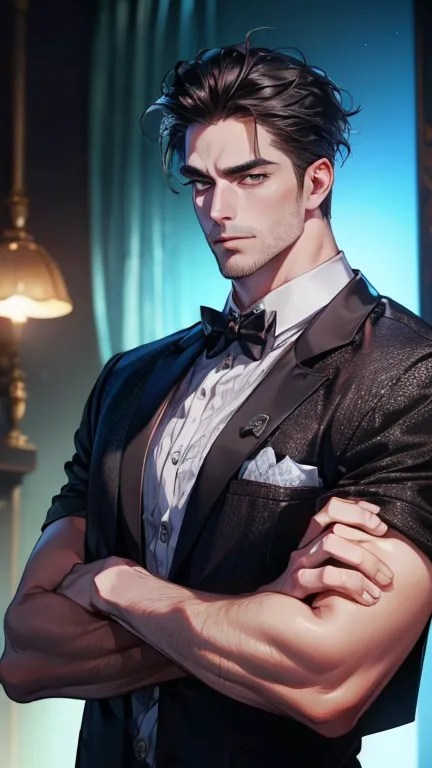 (    best quality,4K,8k,       highres,    masterpiece :1.2),    ultra-detailed    ,(Realistic,photoRealistic,photo-Realistic:1.37),36-year-old man,3 day beard,Beautiful anime,Portraits,strong,masculine,        with black hair  ,sharp jaw,             mesm...