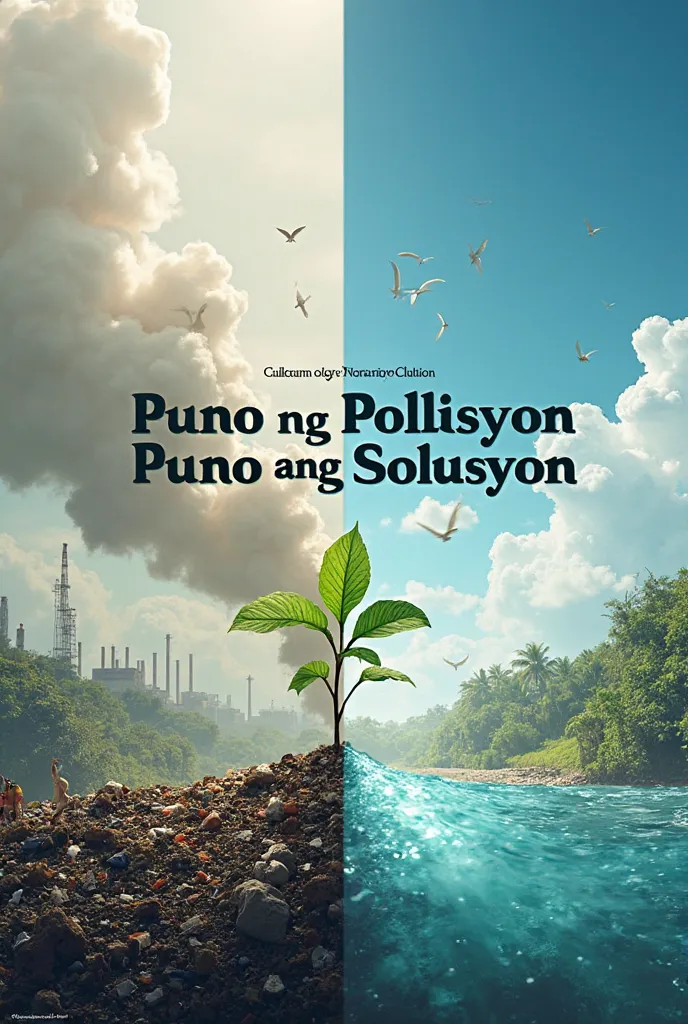 Okay, let's create a concept for an image that conveys the message "Puno ng Polusyon, Puno ang Solusyon" (Full of Pollution, Full of Solutions).

**Image Concept:**

* **Dual Scene:**
    * The image should be split into two distinct, yet connected, halves...