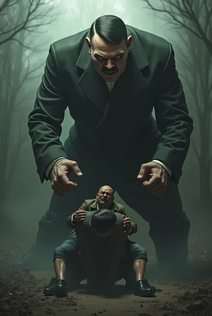 Evil giant Hitler holding two Jews by the necks