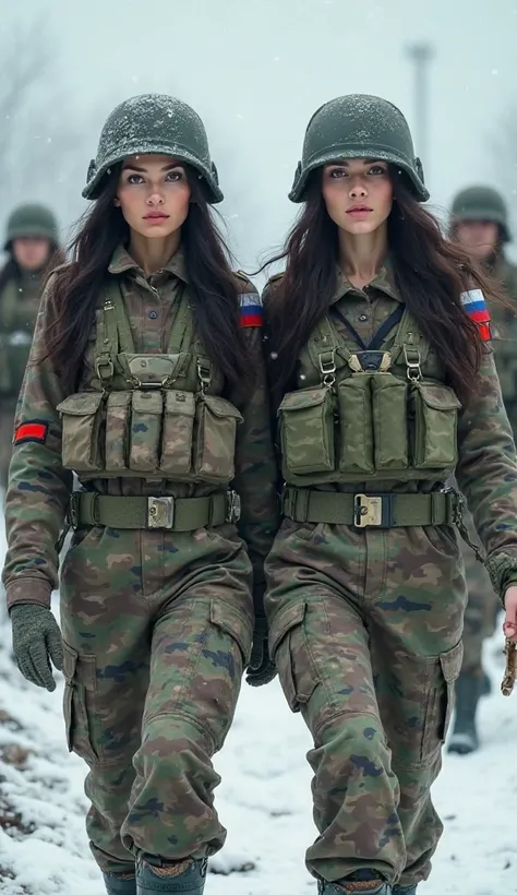 very detailed, very accurate, 4k quality, beautiful lighting, bokeh, , big breasts, big boobs,  beautiful face, awesome lips, brunette, shirt button is open ,Two identical twin female soldiers with athletic physiques, long dark hair, and striking features,...