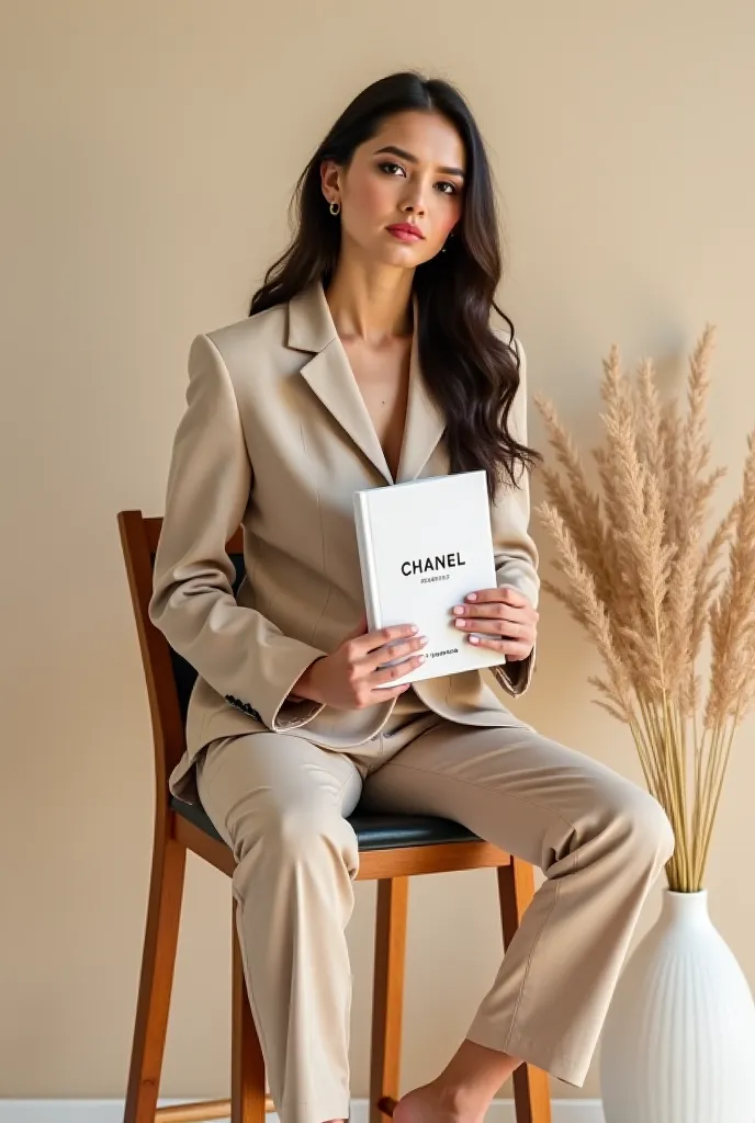 "A stylish girl in a nude pantsuit is sitting on a high wooden chair, holding a Chanel book in her hands. The atmosphere of minimalism, beige and natural tones, dried flowers in the background. A modern portrait in a fashionable aesthetic."