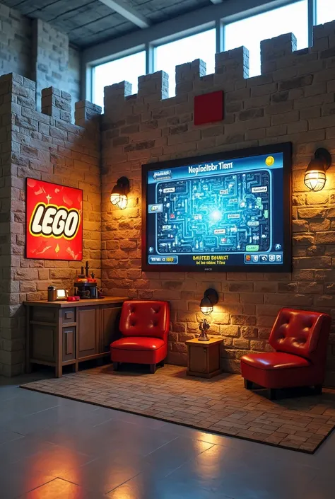 Well, we want a booth from the outside in the shape of the walls of an old castle, which is also a Lego game, to promote the Lego game, okay? And the walls of this castle have a screen on one wall, there is a screen on the wall, but on the screen, what is ...