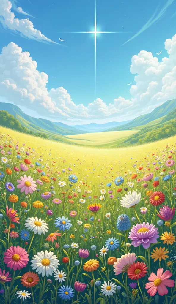 A vast, flowery field, representing the abundance of divine provision, with a bright blue sky in the background.