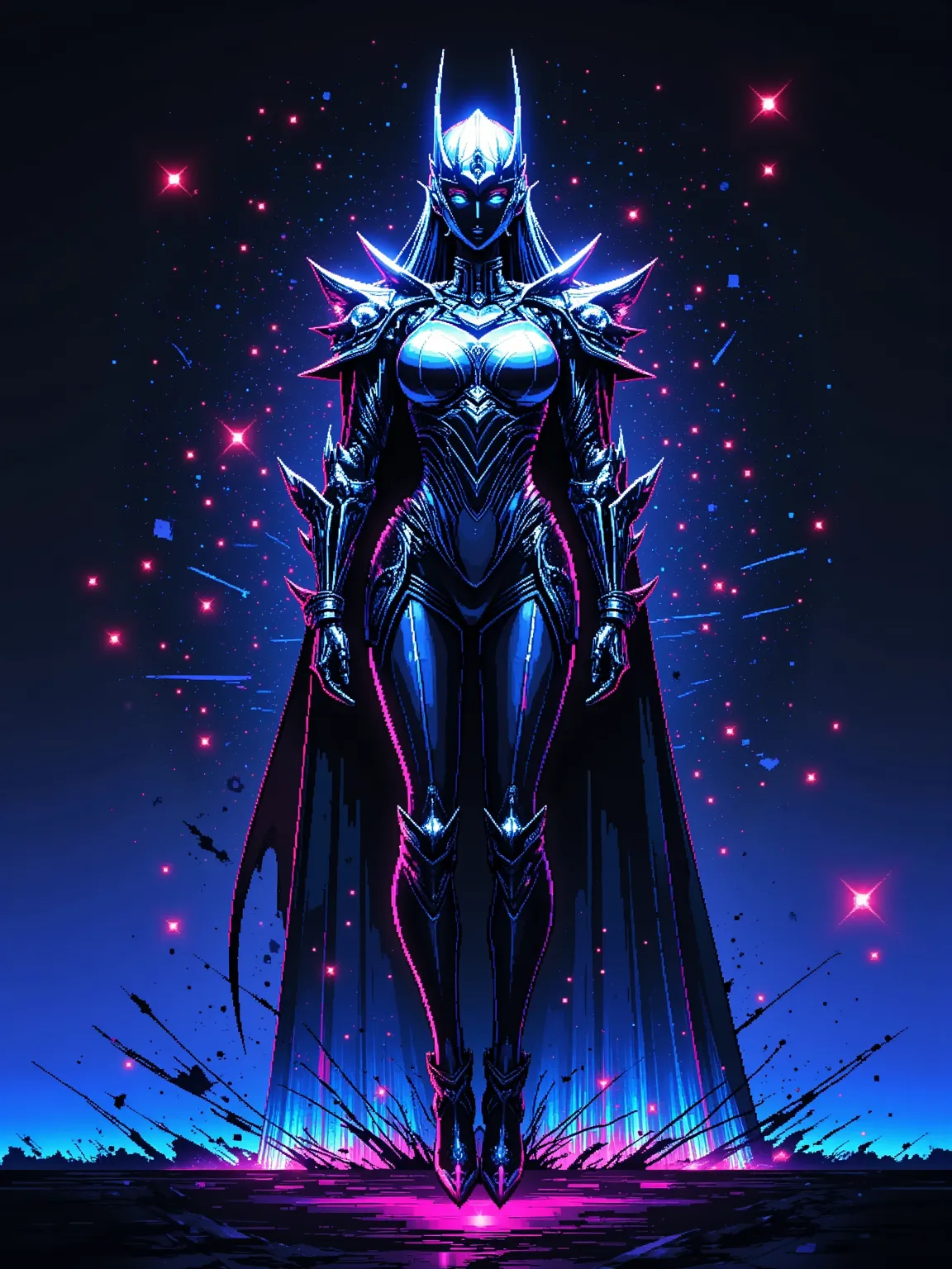 (masterpiece, best quality:1.2),  1girl , A silver armor warrior, Ghosts generally seem to be transparent black armor, Slender body, A helmet with a sense of design, Sensory atmosphere, A black cloak , There are countless tiny particles on the armor that g...