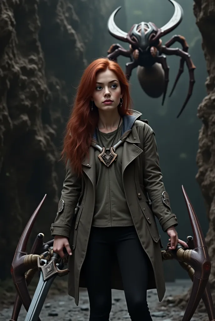 an adult red haired girl in black leggings and a gray trench coat stands between mountains with a sword in her hand, unaware that there is a huge spider (Nerubian) above her, which has a stinger ready to stab her from behind.