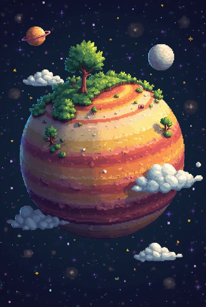 "Pixel art planet with vegetation growing on the surface, small trees and bushes scattered around. The surrounding space has moons, asteroids, and floating clouds. The planet's internal layers are visible, with warm colors like gray, yellow, orange, and re...