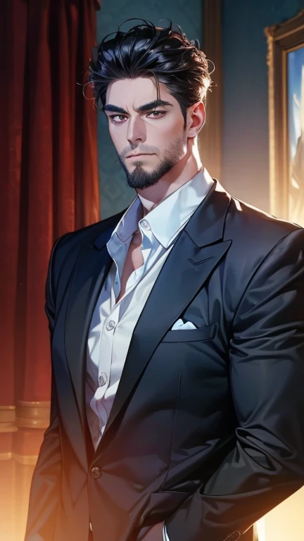 (    best quality,4K,8k,       highres,    masterpiece :1.2),    ultra-detailed    ,(Realistic,photoRealistic,photo-Realistic:1.37),36-year-old man,3 day beard,Beautiful anime,Portraits,strong,masculine,        with black hair  ,sharp jaw,             mesm...