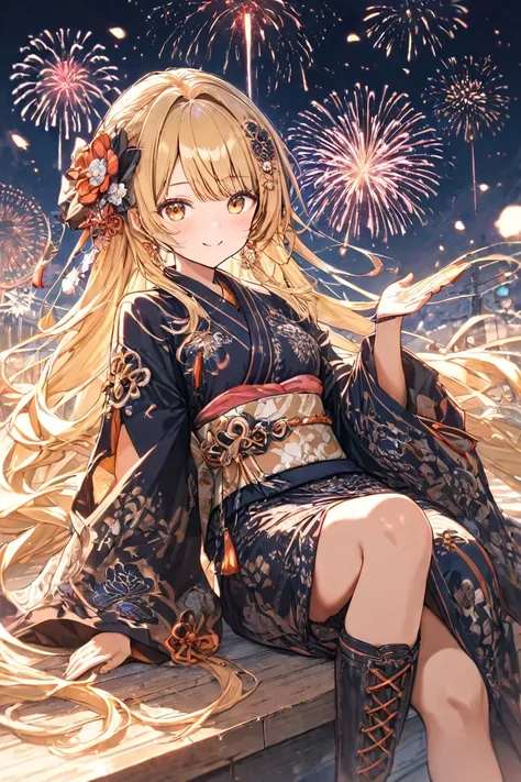 masterpiece,Best Quality,Super Detail,8k,turning　one girl　is sitting　cute smile up to the knee　 blonde half up　 Big Flower Hair Ornament 　yukata　 Fireworks　Riverbank　Riverbank　glitter effect　 dark night