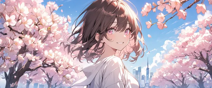  handsome, alone,  female 1 person, medium hair, Dark brown hair, with pink highlights on the tip,  light pink eyes，blue sky，cherry blossoms，smile，white t-shirt， Long Sleeve，City