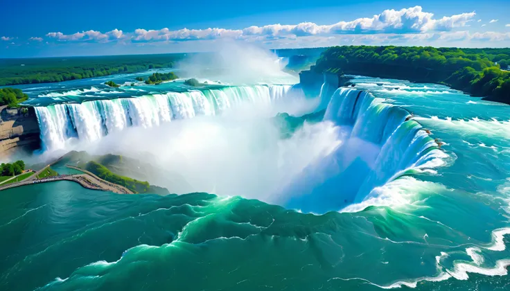 (Best Quality),(masterpiece:1.2),(very well detailed:1.2), super high definition ,RAW color photos,8k, Expansive Landscape Photos ,Spectacular landscapes,realistic pictures,Detailed photos,written,sharp concentration, in the cloud,(Niagara Falls is two-...
