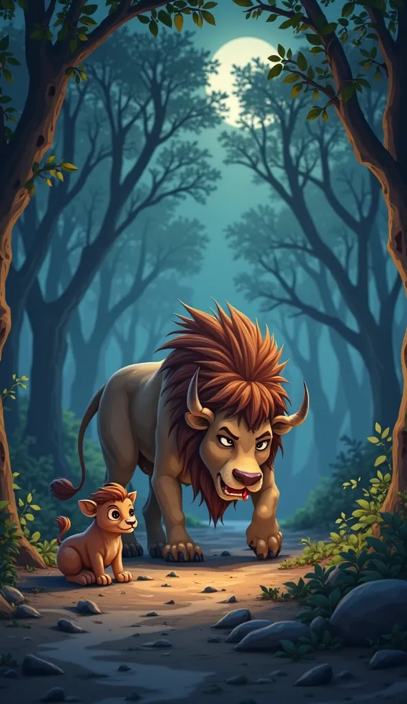 Cartoon Style)۔

*"A desolate and dense forest, where the shadows of the trees are making the environment dark and scary. Dry leaves are lying on the ground, and there is a strange silence in the air. In the middle of the forest, a powerful, terrifying lio...