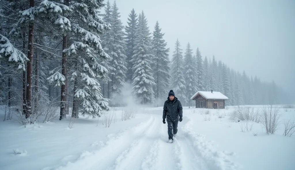  The foreground depicts a person , thick smoke making its way through deep snow. His figure is slightly bent, to withstand the wind,  Knee-deep snow,  Behind the man is a thick forest, forms which is depicted as a dense wall of tall pine trees. Trees cover...