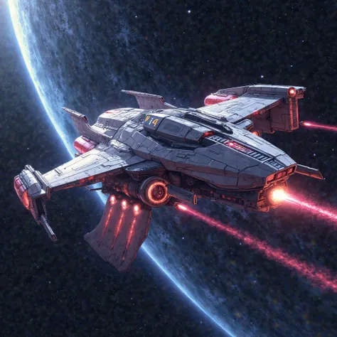 Anime style space ship travelling at light speed in space 