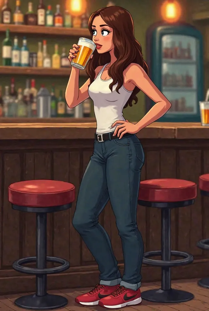 Family Guy adult girl, full body view, slim figure, wearing sleeveless basic white tank top, long dark blue jean pants with black belt around the waist and red running shoes. long brown hair, tan skin.Drinking beer at a bar