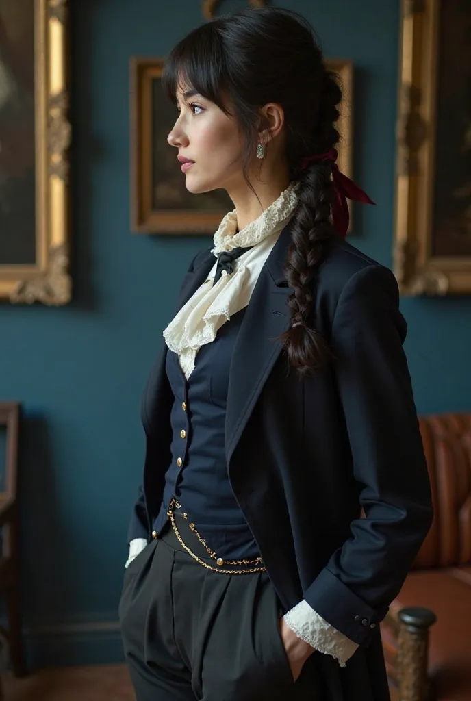 A woman dressed in a strict 19th-century men's suit, with a black terry cloth thin ribbon around a white collar instead of a tie, a linen shirt with a navy blue waistcoat, a gold watch chain peeking out of a small pocket, black silk trousers with a loose f...