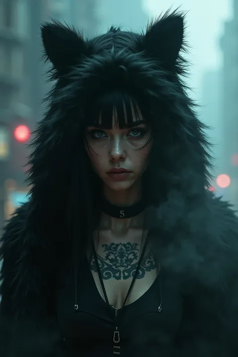 girl、tattoo、Fog、cyberpunk、black fur、monochrome、half black and white、hyperrealistic, neon  