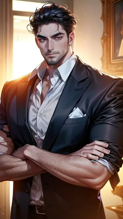 (    best quality,4K,8k,       highres,    masterpiece :1.2),    ultra-detailed    ,(Realistic,photoRealistic,photo-Realistic:1.37),36-year-old man,3 day beard,Beautiful anime,Portraits,strong,masculine,        with black hair  ,sharp jaw,             mesm...