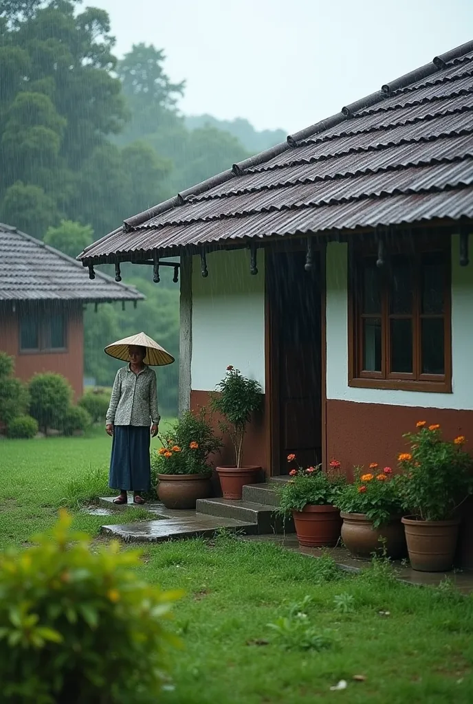 Photos of rural houses in Jawabarat indonesia,roof tile,white brown color house paint,it's raining heavily,There is another grandma standing in front of the house,green grass ,a lot of flower pots,4k image ,iPhone camera