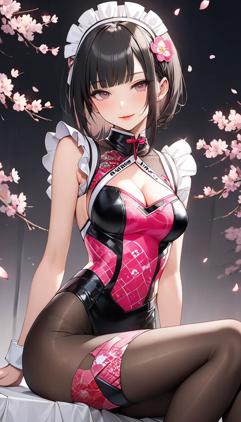 ((black hair short、with bangs))（Height: 160cm、petite athletic body）((A stunning race queen wearing a unique outfit that blends Japanese-style maid aesthetics with modern race queen fashion. The costume is designed with numerous transparent elements, adding...