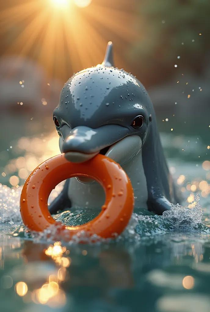 A dolphin holds an orange dog ring in its mouth, Motion Blur, Bokeh, God Rays, High Details, Realism, 