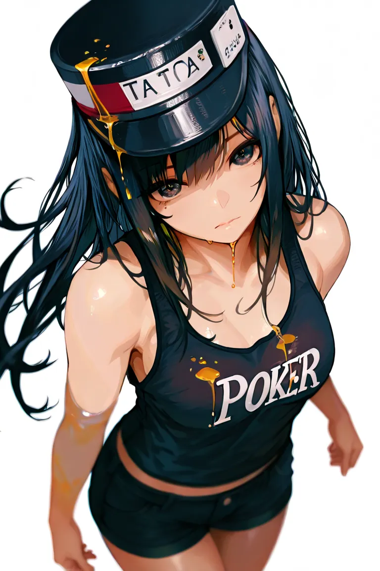 1 girl, black hair, poker hat, looking at viewer, tanktop, from above, aerial angle, dutch angle, dynamic angle, tatoo, cowboy shot, masterpiece, high resolution, best quality, simple background, white background, energic, depth of field, blur, watery, liq...