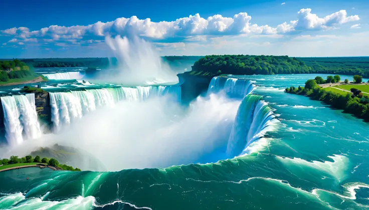 (Best Quality),(masterpiece:1.2),(very well detailed:1.2), super high definition ,RAW color photos,8k, Expansive Landscape Photos ,Spectacular landscapes,realistic pictures,Detailed photos,written,sharp concentration, in the cloud,(Niagara Falls is two-...