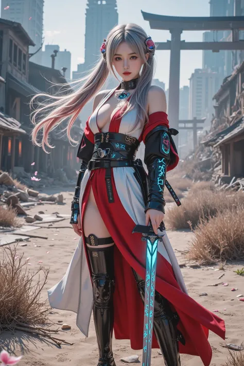 A breathtakingly beautiful shrine maiden warrior stands alone in a vast wasteland, the ruins of a once-great cyberpunk city crumbling behind her. She embodies the fusion of a sacred miko, a stealthy ninja, and an advanced cybernetic warrior. Her long, uniq...