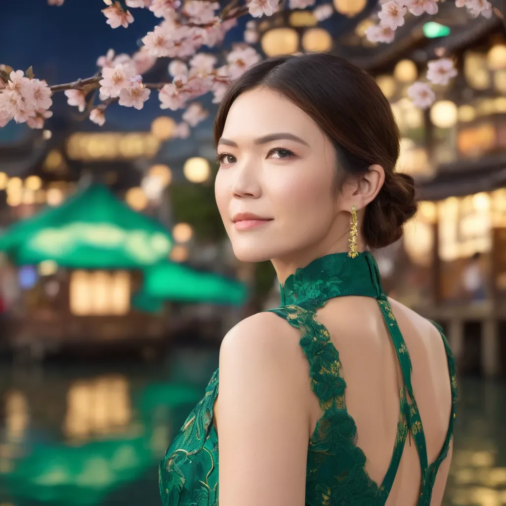 best quality, highres, 8k, masterpiece, photography, detailed midbody photorealistic portrait. At Clarke Quay’s riverside, Mandy Moore showcases a deep emerald green cheongsam-inspired lingerie ensemble, featuring a high-neck lace bralette with floral embr...