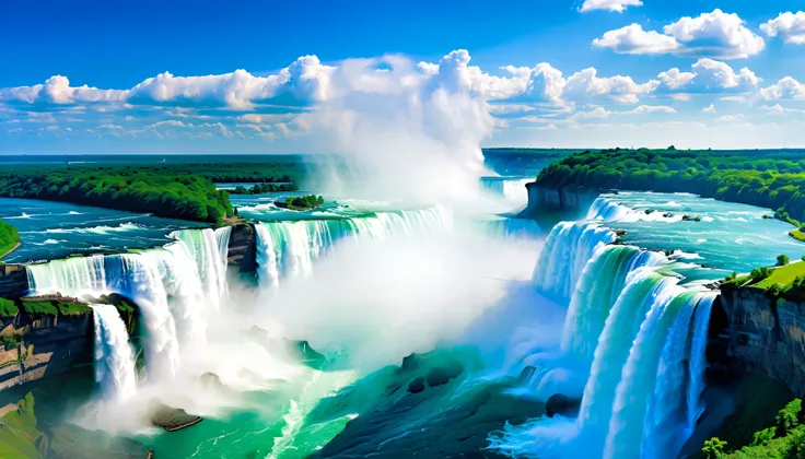 (Best Quality),(masterpiece:1.2),(very well detailed:1.2), super high definition ,RAW color photos,8k, Expansive Landscape Photos ,Spectacular landscapes,realistic pictures,Detailed photos,written,sharp concentration, in the cloud,(Niagara Falls is two-...