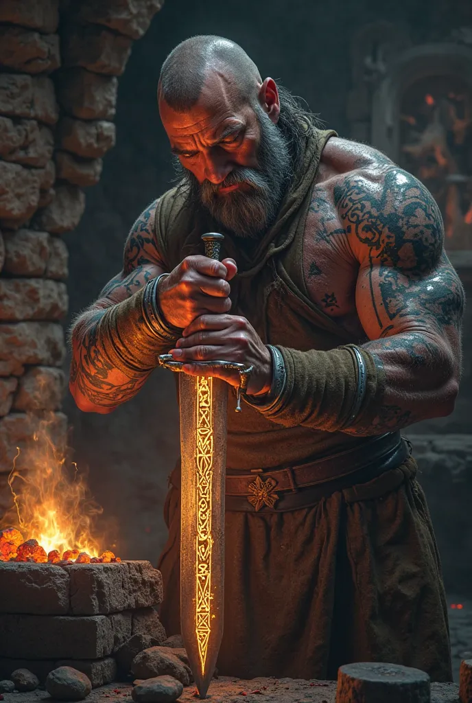 An old Viking blacksmith with tattooed arms carves glowing runes into an ancient sword