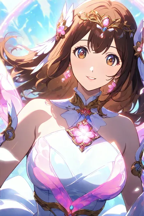 high quality　best image quality　Super Detail　Hi-Res　high quality　4k 8k white dancer 　long brown hair　  pink flower hair ornament  　 medium breasts　anime style　 open　Smiling Face