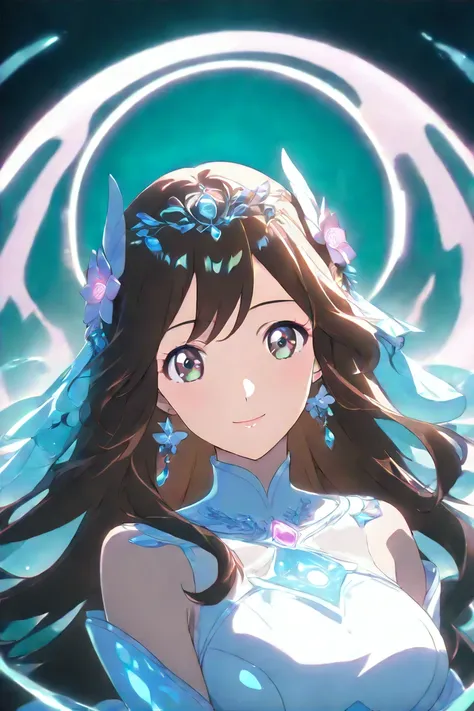 high quality　best image quality　Super Detail　Hi-Res　high quality　4k 8k white dancer 　long brown hair　  pink flower hair ornament  　 medium breasts　anime style　 open　Smiling Face